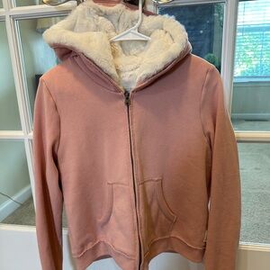 Abercrombie & Fitch hooded, fur-lined jacket, pink & cream, sz medium, worn once